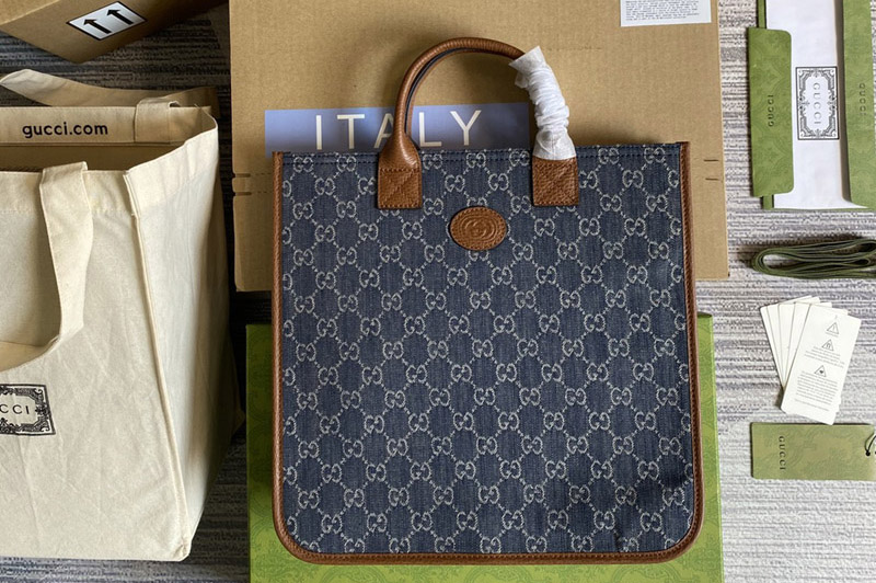 Gucci 550763 Gucci Children's Tote Bag in Blue and ivory GG denim jacquard