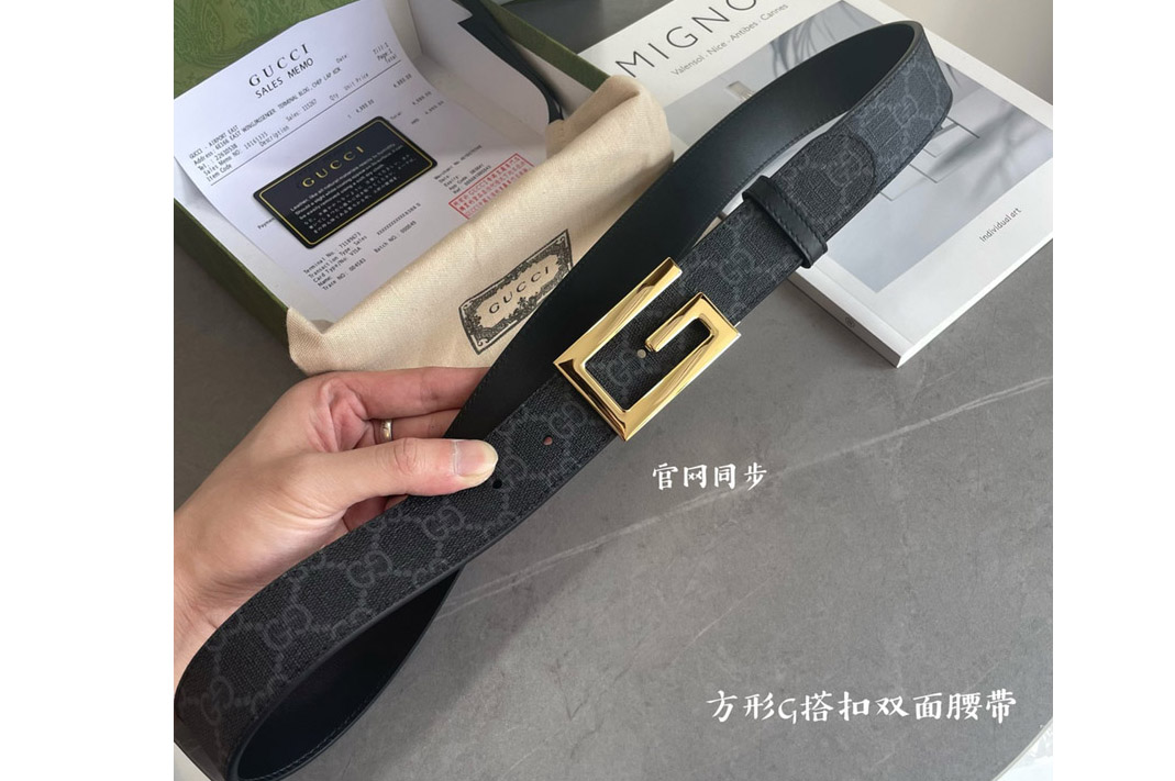 Gucci 626974 Reversible belt with Gold Square G buckle in Black GG Supreme canvas