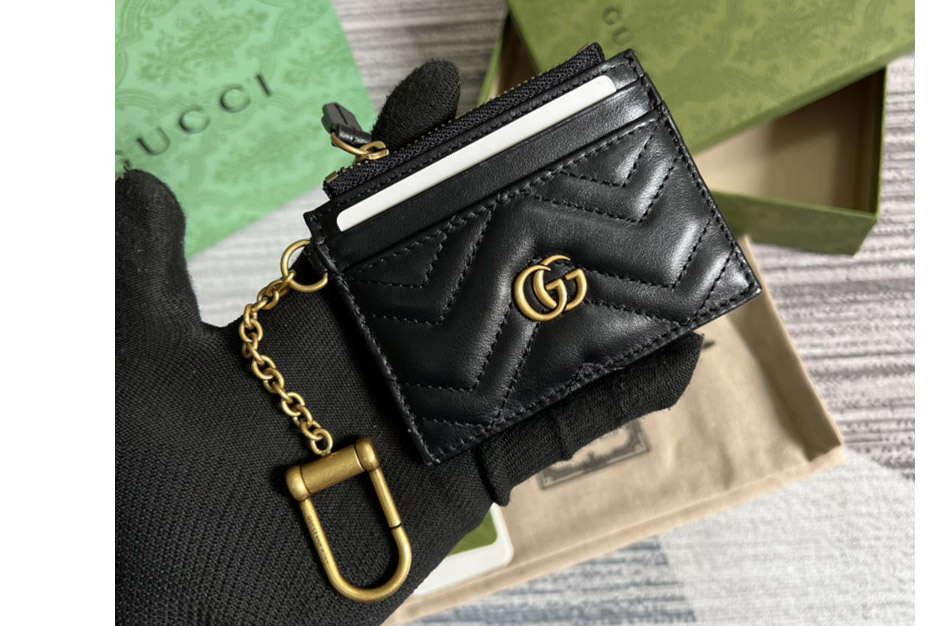 Gucci ‎627064 GG Marmont keychain wallet in Black matelassé chevron leather