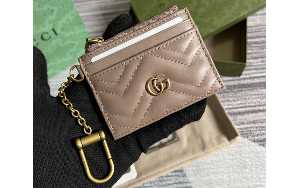 Gucci ‎627064 GG Marmont keychain wallet in pink matelassé chevron leather