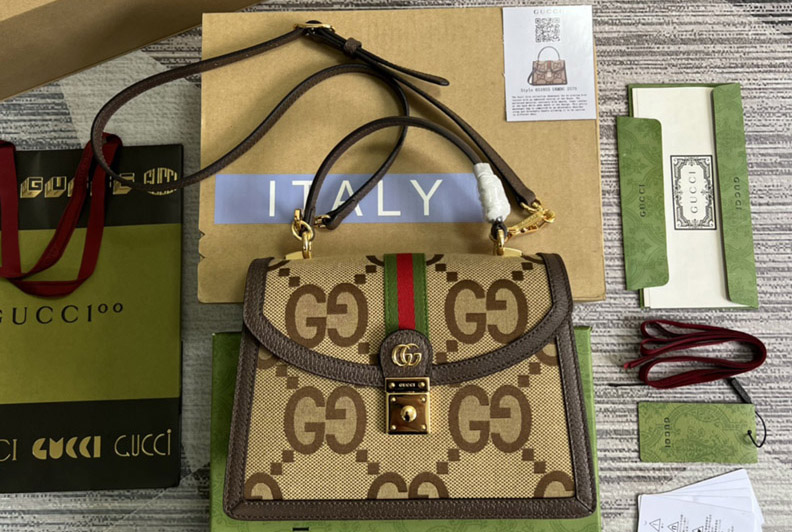 Gucci 651055 Ophidia jumbo GG top handle bag in Camel and ebony jumbo GG canvas