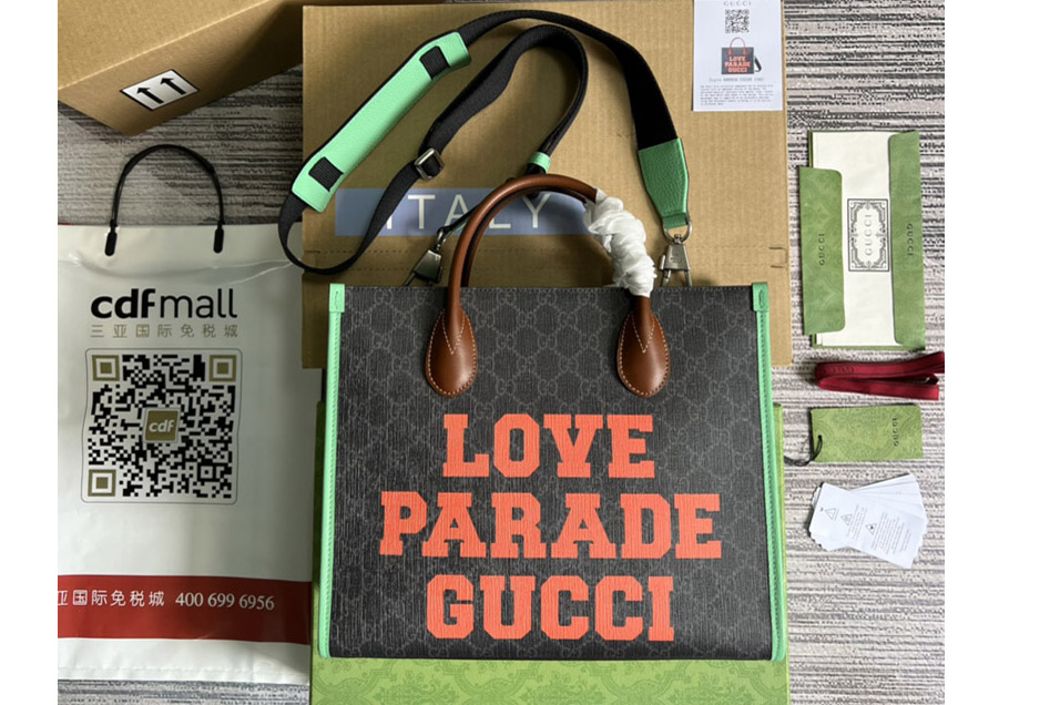 Gucci 680956 Love Parade Gucci Small Tote Bag in Beige/ebony GG Supreme canvas With Green Leather