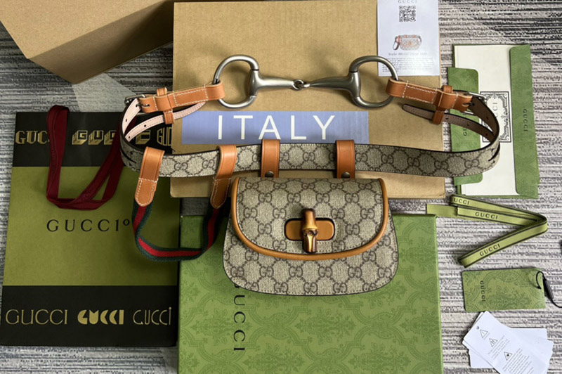 Gucci 681137 Bamboo 1947 mini belt bag in Beige/ebony GG Supreme canvas