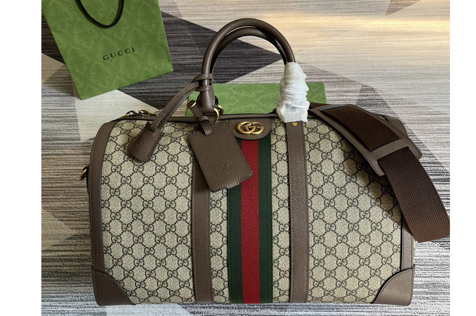 Gucci ‎681295 Ophidia medium duffle bag in Beige and ebony GG supreme canvas with Brown Leather