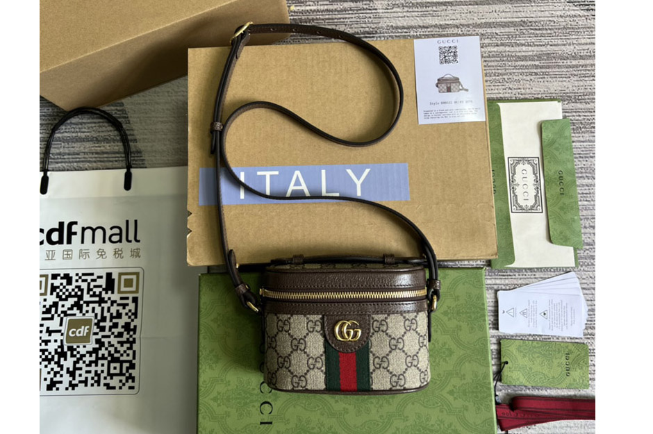 Gucci 699532 Ophidia GG top handle mini bag in Beige and ebony GG Supreme canvas