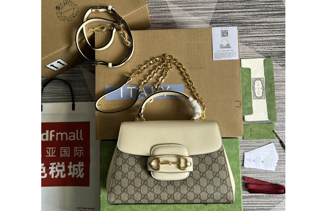 Gucci 702049 Gucci Horsebit 1955 medium bag in Beige and ebony GG Supreme canvas With White Leather
