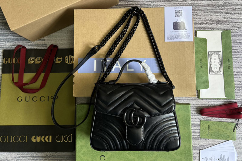 Gucci 702563 GG Marmont mini top handle bag in Black matelassé chevron leather