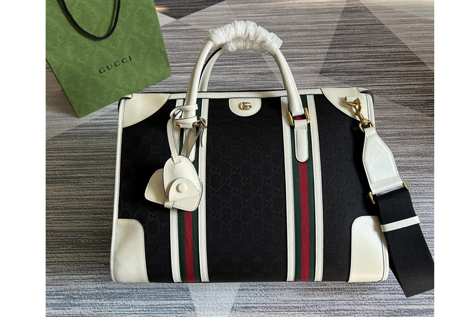 Gucci 715671 Bauletto Large Tote bag in Black GG Canvas With White Leather