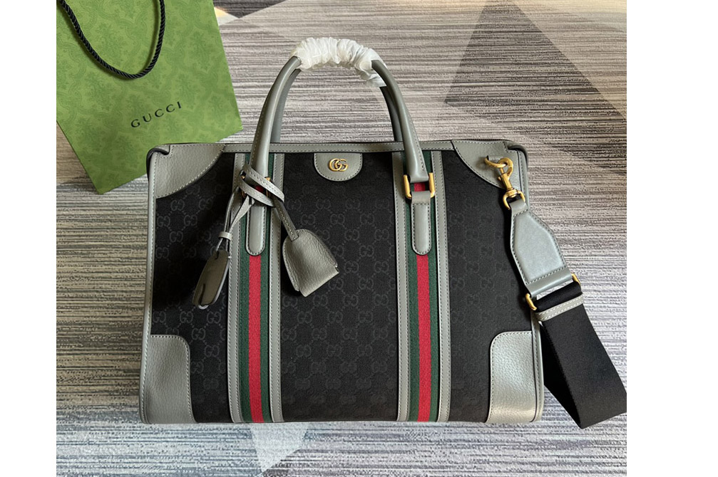 Gucci 715671 Bauletto Large Tote bag in Black GG Canvas With Grey Leather