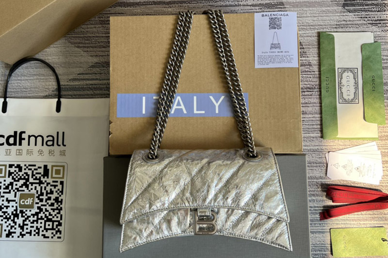 Gucci x Balenciaga 7163512 Crush Small Chain Bag Quilted in silver metallized crushed calfskin