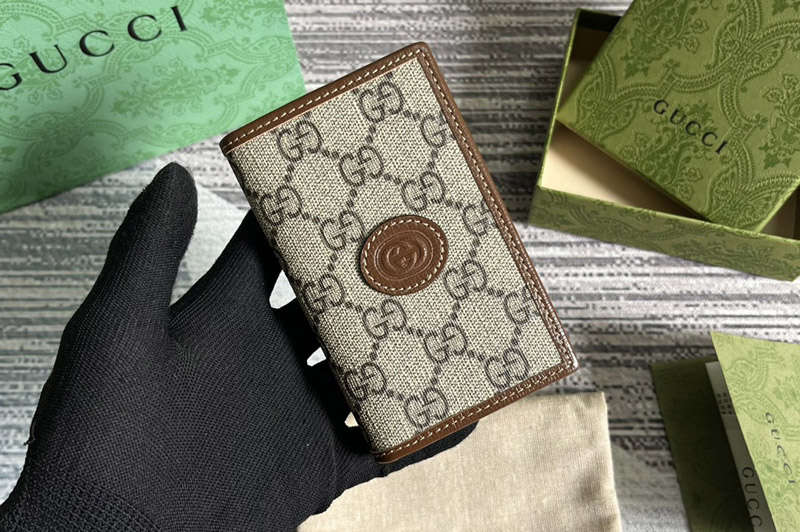 Gucci ‎722601 GG card case with Interlocking G in Beige and ebony GG Supreme canvas