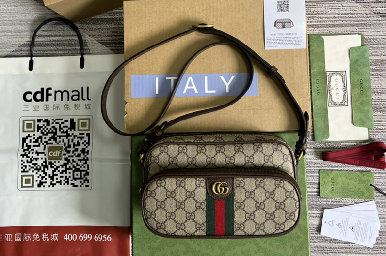 Gucci ‎723312 Ophidia small messenger bag in Beige and ebony GG Supreme canvas