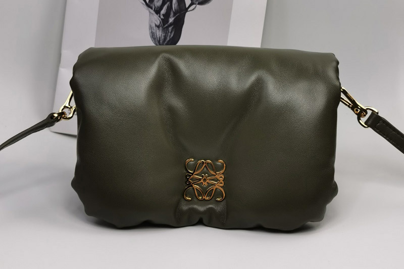 Loewe Mini Puffer Goya bag in Dark Khaki Green shiny nappa lambskin