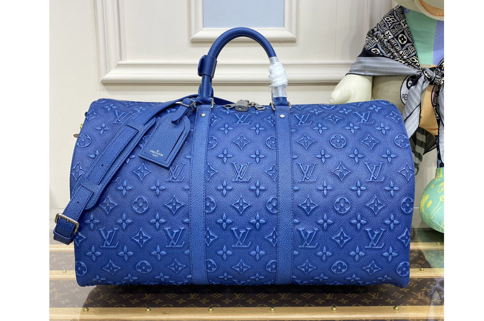 Louis Vuitton M21375 LV Keepall Bandouliere 50 bag in Denim Blue Cowhide leather