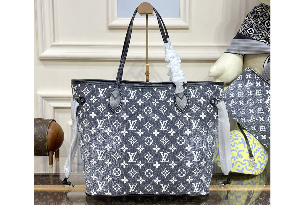 Louis Vuitton M21465 LV Neverfull MM tote Bag in Gray Denim textile jacquard