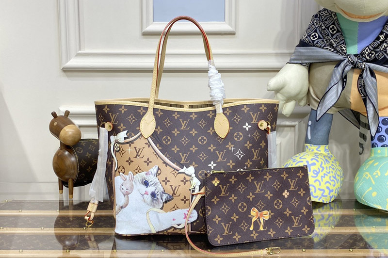 Louis Vuitton M40995 LV Neverfull MM tote Bag in Monogram coated canvas With Cat