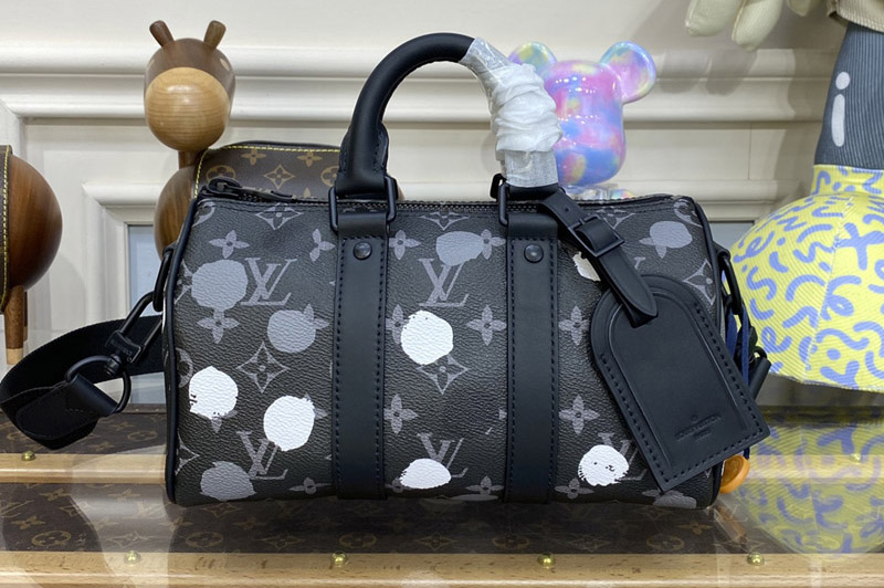 Louis Vuitton M45406 LV LVxYK Keepall 25 Bag in Black and silver Monogram Eclipse coated canvas with 3D Painted Dots print