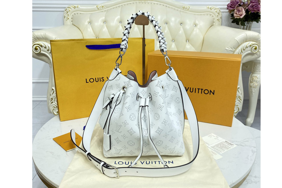 Louis Vuitton M58483 LV Muria bucket bag in White Mahina perforated calf leather