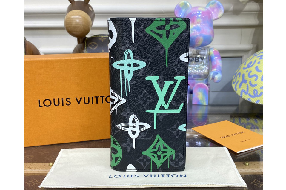Louis Vuitton M81846 LV Brazza Wallet in Monogram Eclipse canvas With Green