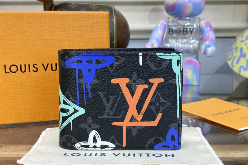 Louis Vuitton M81847 LV Multiple Wallet in Monogram Eclipse canvas With Orange