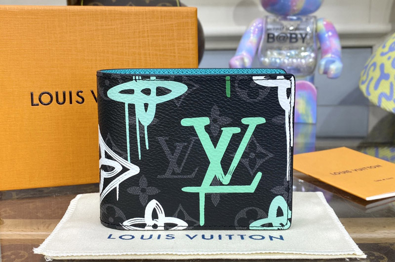 Louis Vuitton M81847 LV Multiple Wallet in Monogram Eclipse canvas With Green