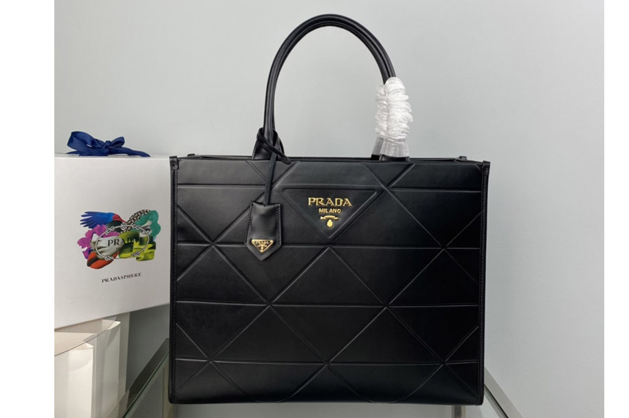 Prada 1BA377 Large leather Prada Symbole bag with topstitching in Black Leather