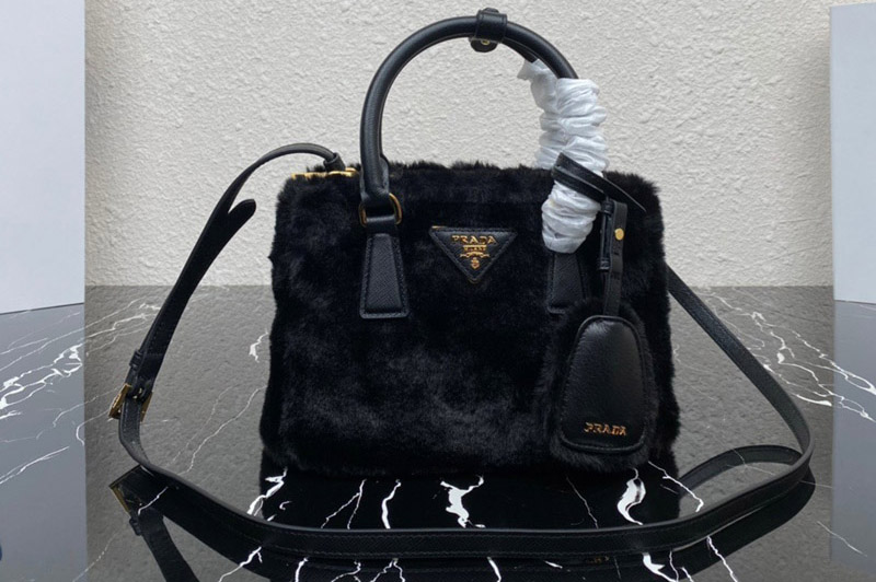 Prada 1BA906 Prada Galleria shearling mini-bag in Black shearling