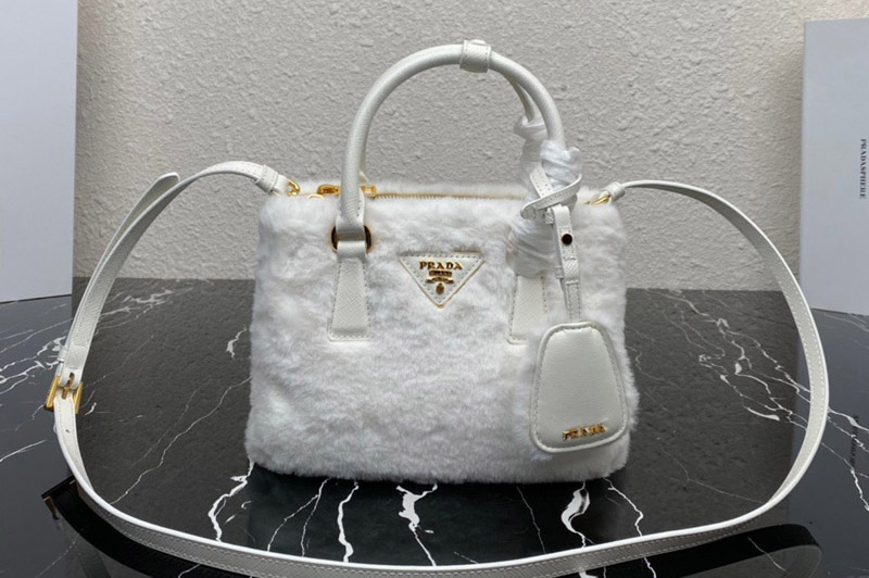 Prada 1BA906 Prada Galleria shearling mini-bag in White shearling