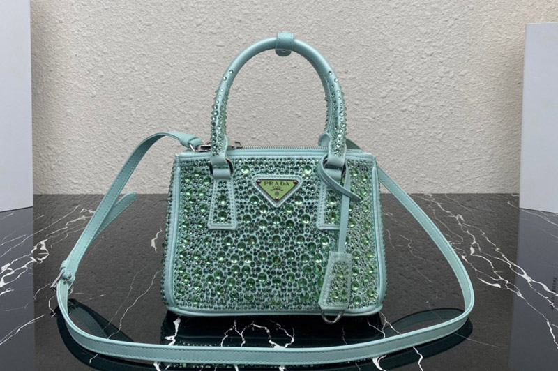 Prada 1BA906 Prada Galleria satin mini-bag with crystals in light Blue