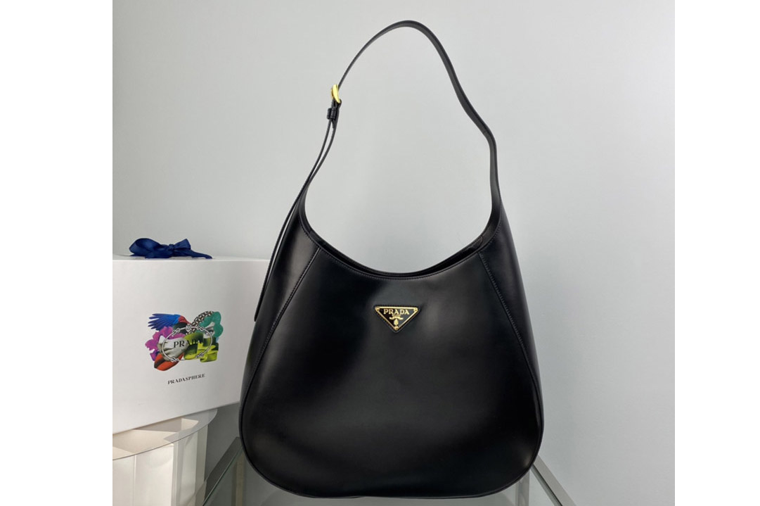 Prada 1BC181 Large leather shoulder bag with topstitching in Black Leather