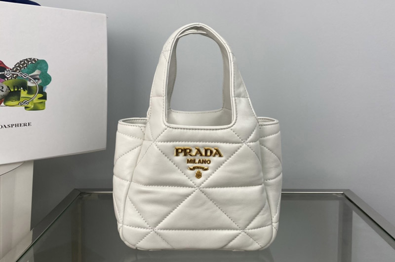 Prada 1BG451 Small nappa-leather tote bag with topstitching in White Leather