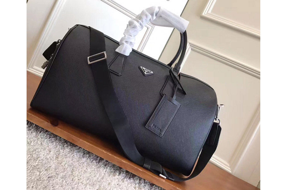 Prada 2VC072 Travel Duffle Weekend Shoulder Bag in Black Saffiano Leather