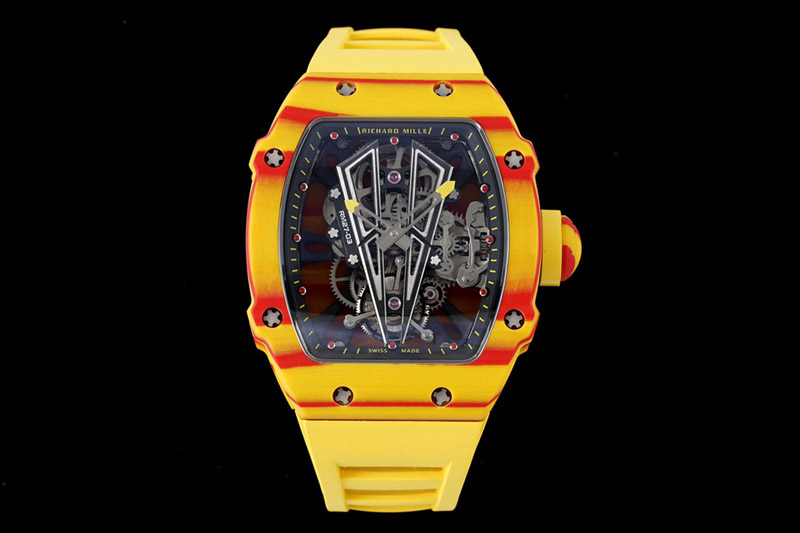 Richard Mille RM027-03 Real Tourbillon RMF Best Edition Orange/Red Carbon Skeleton Dial on Yellow Rubber Strap