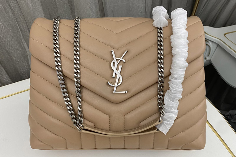 Saint Laurent 459749 YSL Medium Loulou Chain Bag in Apricot Leather With Silver