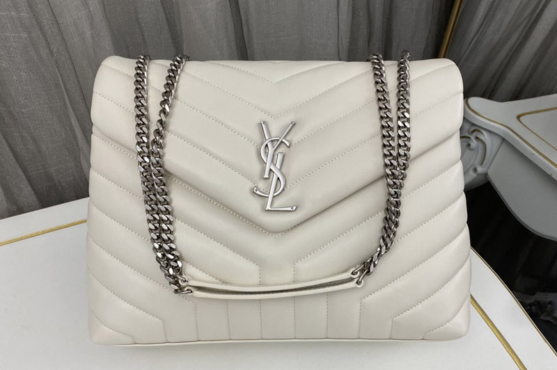 Saint Laurent 459749 YSL Medium Loulou Chain Bag in White Leather With Silver