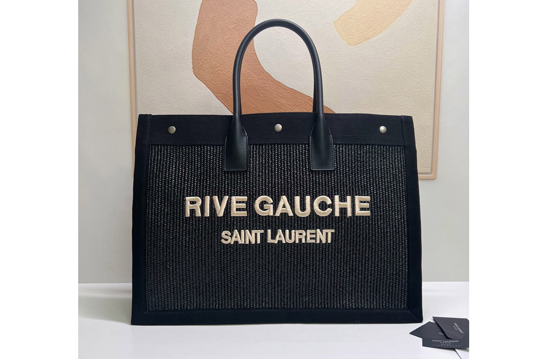 Saint Laurent 499290 YSL RIVE GAUCHE TOTE BAG IN Black LINEN AND LEATHER