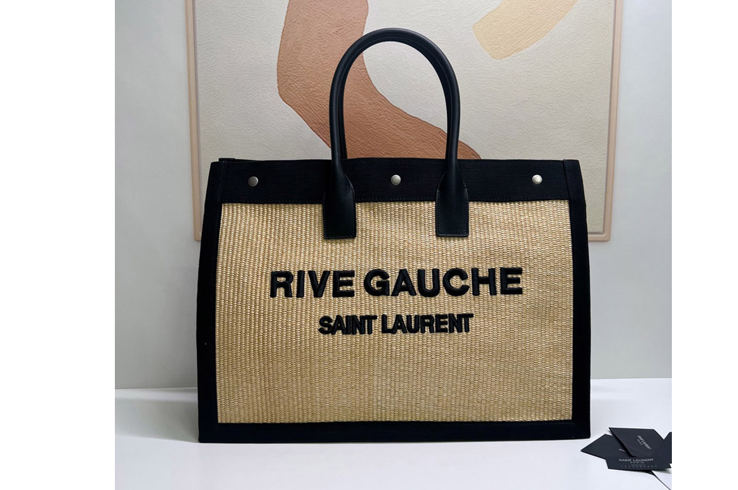 Saint Laurent 499290 YSL RIVE GAUCHE TOTE BAG IN Beige LINEN AND LEATHER