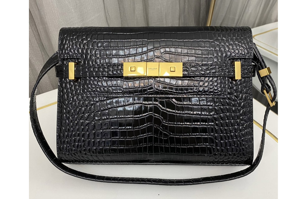 Saint Laurent 675626 YSL MANHATTAN SMALL SHOULDER BAG IN Black CROCODILE-EMBOSSED LEATHER With Gold Buckle
