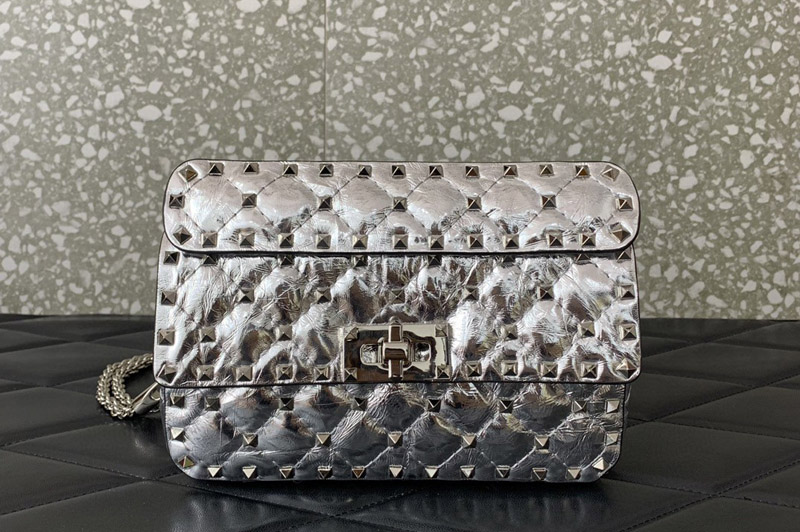 Valentino Small Garavani Rockstud Spike bag in Silver supple Nappa lambskin with chain