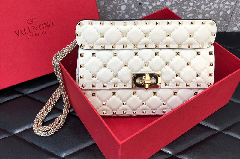 Valentino Small Garavani Rockstud Spike bag in White supple Nappa lambskin with chain
