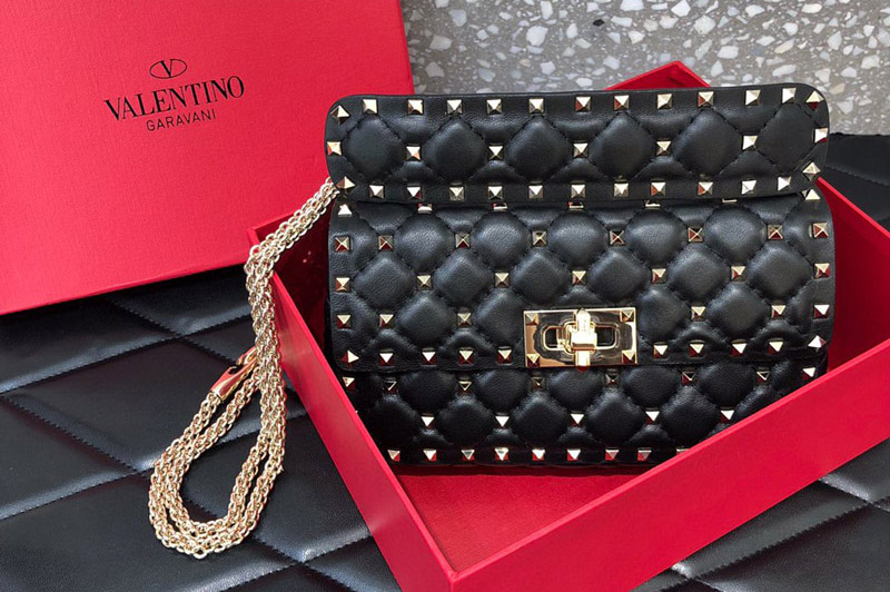 Valentino Small Garavani Rockstud Spike bag in Gold supple Nappa lambskin with chain
