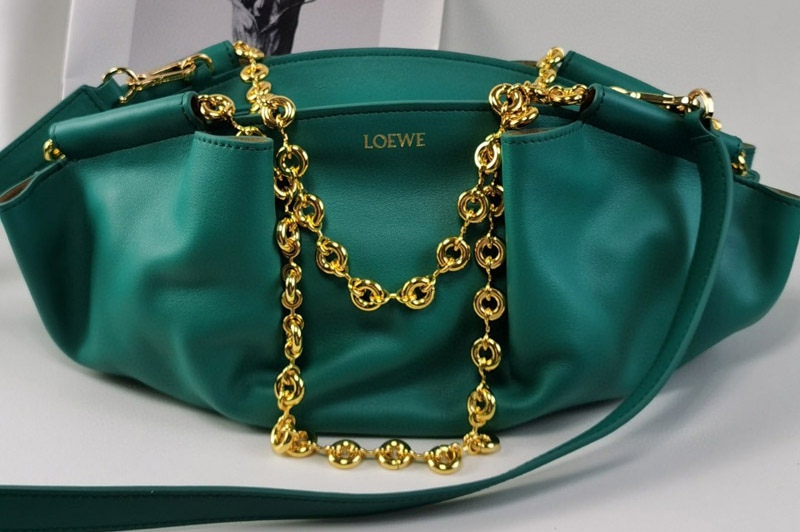 Loewe Small Paseo bag in Navy Green shiny nappa calfskin With Chain