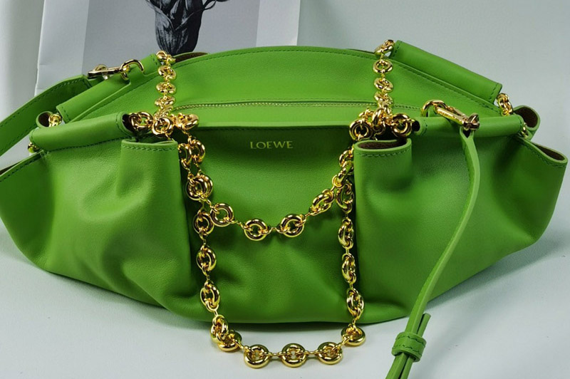 Loewe Small Paseo bag in Green shiny nappa calfskin With Chain