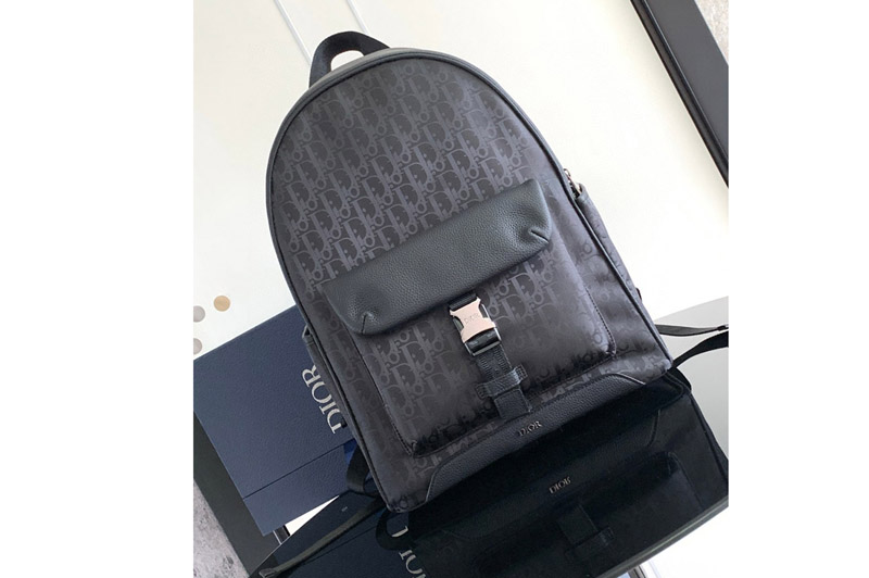 Dior 1ESBA012 Christian Dior Explorer Backpack in Black Dior Oblique Mirage Technical Fabric and Grained Calfskin