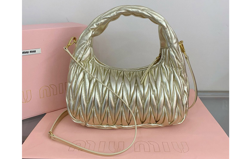 Miu Miu 5BC108 Wander matelasse nappa leather hobo bag in Gold Leather