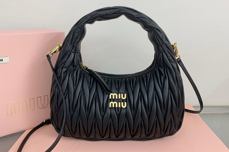 Miu Miu 5BC108 Wander matelasse nappa leather hobo bag in Black Leather
