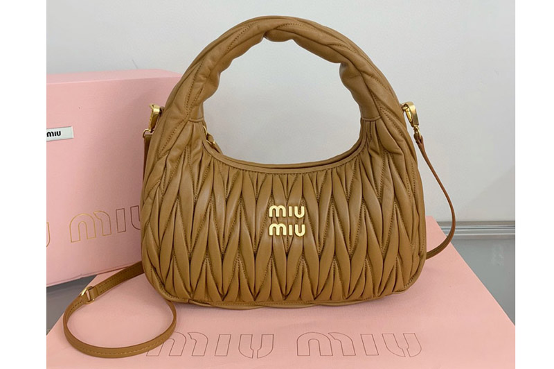 Miu Miu 5BC108 Wander matelasse nappa leather hobo bag in Brown Leather