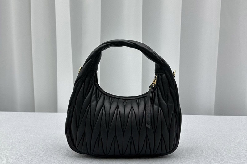 Miu Miu 5BC125 Wander matelasse nappa leather hobo bag in Black Leather