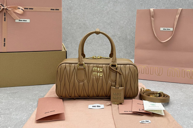 Miu Miu 5BB148 Arcadie matelasse nappa leather bag in Caramel Leahter