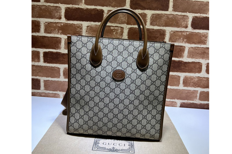 Gucci 723308 Small Tote Bag With Interlocking G in Beige and ebony GG Supreme canvas